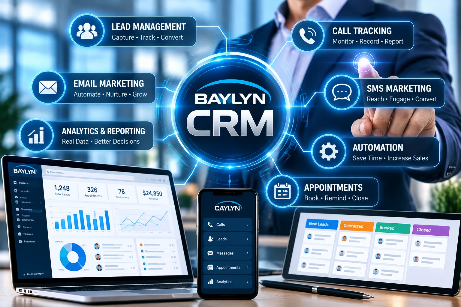 Baylyn CRM Marketing and Sales Platform Baylyn CRM lead management, call tracking, email and SMS marketing, automation and analytics platform